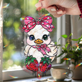 Strawberry Duck Acrylic Suncatcher, Cute Bird Window Decor, Stained Glass Style Kawaii Art, Pink Bow Gift for Animal Lovers