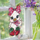 Strawberry Duck Acrylic Suncatcher, Cute Bird Window Decor, Stained Glass Style Kawaii Art, Pink Bow Gift for Animal Lovers