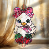 Strawberry Duck Acrylic Suncatcher, Cute Bird Window Decor, Stained Glass Style Kawaii Art, Pink Bow Gift for Animal Lovers