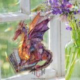 Book Dragon Acrylic Suncatcher, Stained Glass Style Fantasy Decor, Reading Dragon Window Art, Gift for Book and Magic Lovers