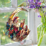 Santa Moon Acrylic Suncatcher, Stained Glass Style Christmas Decor, Santa Reading Ornament, Holiday Window Hanging Gift