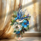 Bluebird Acrylic Suncatcher, Stained Glass Style Floral Window Decor, Nature Bird Art, Garden Gift for Home and Spring Lovers