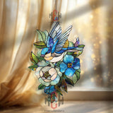 Bluebird Acrylic Suncatcher, Stained Glass Style Floral Window Decor, Nature Bird Art, Garden Gift for Home and Spring Lovers