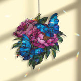 Blue Butterfly Acrylic Suncatcher, Stained Glass Style Pink Peony Flower Window Hanging, Colorful Garden Decor Gift for Nature Lovers