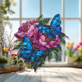 Blue Butterfly Acrylic Suncatcher, Stained Glass Style Pink Peony Flower Window Hanging, Colorful Garden Decor Gift for Nature Lovers