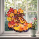 Autumn Boots Acrylic Suncatcher, Stained Glass Style Fall Leaves Window Hanging, Rustic Seasonal Home Decor Gift for Autumn Lovers