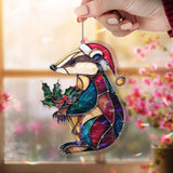 Christmas Badger Acrylic Suncatcher, Stained Glass Style Holiday Animal Window Hanging, Festive Wildlife Decor Gift with Santa Hat