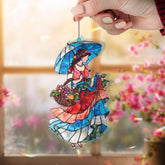 Lady with Umbrella Acrylic Suncatcher, Stained Glass Style Woman Window Hanging, Colorful Vintage Dress Fruit Basket Home Decor