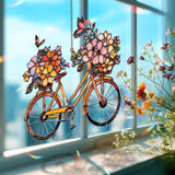 Bicycle with Flowers Acrylic Suncatcher, Stained Glass Style Bike Window Hanging with Butterflies, Colorful Floral Home Decor Gift