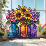 Sunflower Mason Jar Acrylic Suncatcher, Colorful Stained Glass Style Flower Window Hanging, Bright Floral Home Decor Gift