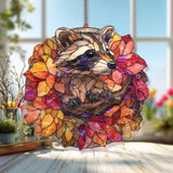 Raccoon Autumn Leaves Acrylic Suncatcher, Stained Glass Style Woodland Animal with Fall Foliage, Rustic Nature Window Hanging Decor