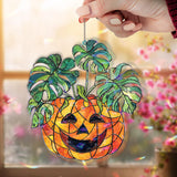 Pumpkin Monstera Acrylic Suncatcher, Stained Glass Style Jack O Lantern with Green Leaves, Halloween Autumn Window Hanging Home Decor