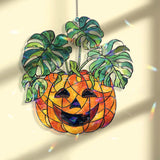 Pumpkin Monstera Acrylic Suncatcher, Stained Glass Style Jack O Lantern with Green Leaves, Halloween Autumn Window Hanging Home Decor