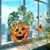 Pumpkin Monstera Acrylic Suncatcher, Stained Glass Style Jack O Lantern with Green Leaves, Halloween Autumn Window Hanging Home Decor