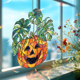 Pumpkin Monstera Acrylic Suncatcher, Stained Glass Style Jack O Lantern with Green Leaves, Halloween Autumn Window Hanging Home Decor