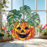 Pumpkin Monstera Acrylic Suncatcher, Stained Glass Style Jack O Lantern with Green Leaves, Halloween Autumn Window Hanging Home Decor