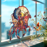 Native Warrior Horse Acrylic Suncatcher, Stained Glass Style Rider with Feather Headdress, Tribal Western Window Hanging Rustic Decor