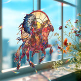Native Warrior Horse Acrylic Suncatcher, Stained Glass Style Rider with Feather Headdress, Tribal Western Window Hanging Rustic Decor