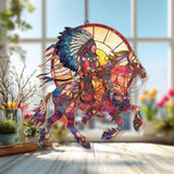 Native Warrior Horse Acrylic Suncatcher, Stained Glass Style Rider with Feather Headdress, Tribal Western Window Hanging Rustic Decor