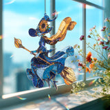 Blue Witch Acrylic Suncatcher, Stained Glass Style Flying Witch with Sunflower Hat and Broom, Gothic Halloween Window Hanging Decor