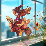 Witch Acrylic Suncatcher, Stained Glass Style Flying Witch on Broom with Flowing Dress and Hat, Gothic Halloween Window Hanging Decor