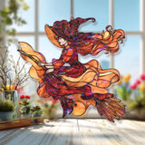 Witch Acrylic Suncatcher, Stained Glass Style Flying Witch on Broom with Flowing Dress and Hat, Gothic Halloween Window Hanging Decor