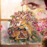 Deer and Fawn Acrylic Suncatcher, Stained Glass Style Woodland Mother Deer with Blossoms, Rustic Nature Window Hanging Home Decor Gift