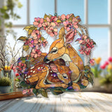 Deer and Fawn Acrylic Suncatcher, Stained Glass Style Woodland Mother Deer with Blossoms, Rustic Nature Window Hanging Home Decor Gift