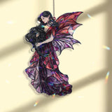 Fairy Cat Acrylic Suncatcher, Stained Glass Style Dark Haired Fairy with Black Cat and Red Wings, Gothic Fantasy Window Hanging Decor
