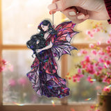 Fairy Cat Acrylic Suncatcher, Stained Glass Style Dark Haired Fairy with Black Cat and Red Wings, Gothic Fantasy Window Hanging Decor