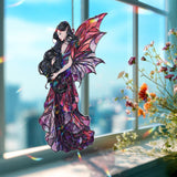 Fairy Cat Acrylic Suncatcher, Stained Glass Style Dark Haired Fairy with Black Cat and Red Wings, Gothic Fantasy Window Hanging Decor