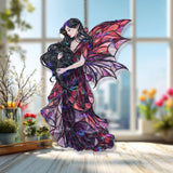 Fairy Cat Acrylic Suncatcher, Stained Glass Style Dark Haired Fairy with Black Cat and Red Wings, Gothic Fantasy Window Hanging Decor