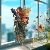 Fairy Raven Acrylic Suncatcher, Stained Glass Style Woodland Fairy with Wings and Bird, Fantasy Nature Window Hanging Gothic Home Decor