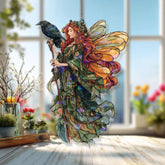 Fairy Raven Acrylic Suncatcher, Stained Glass Style Woodland Fairy with Wings and Bird, Fantasy Nature Window Hanging Gothic Home Decor