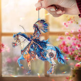 Native Warrior on Horse Acrylic Suncatcher, Stained Glass Style Rider with Feather Headdress, Western Rustic Window Hanging Home Decor