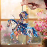 Native Warrior on Horse Acrylic Suncatcher, Stained Glass Style Rider with Feather Headdress, Western Rustic Window Hanging Home Decor