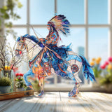 Native Warrior on Horse Acrylic Suncatcher, Stained Glass Style Rider with Feather Headdress, Western Rustic Window Hanging Home Decor
