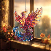 Phoenix Acrylic Suncatcher, Stained Glass Style Fiery Bird Rising with Blue Flame Tail, Mythical Fantasy Window Hanging Home Decor