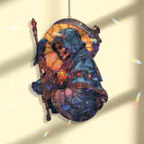 Grim Reaper Acrylic Suncatcher, Stained Glass Style Hooded Skeleton with Scythe and Raven, Gothic Halloween Window Hanging Decor