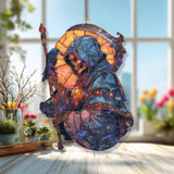 Grim Reaper Acrylic Suncatcher, Stained Glass Style Hooded Skeleton with Scythe and Raven, Gothic Halloween Window Hanging Decor