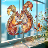 Squirrel Couple Acrylic Suncatcher, Stained Glass Style Woodland Chipmunks with Acorns, Rustic Autumn Window Hanging Nature Home Decor