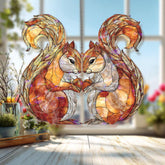 Squirrel Couple Acrylic Suncatcher, Stained Glass Style Woodland Chipmunks with Acorns, Rustic Autumn Window Hanging Nature Home Decor
