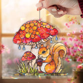 Squirrel Mushroom Acrylic Suncatcher, Stained Glass Style Woodland Scene with Acorn and Toadstool, Cute Forest Animal Window Hanging