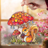 Squirrel Mushroom Acrylic Suncatcher, Stained Glass Style Woodland Scene with Acorn and Toadstool, Cute Forest Animal Window Hanging