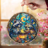 Raccoon Potion Acrylic Suncatcher, Stained Glass Style Magical Raccoons with Cauldron and Stars, Fantasy Witchy Window Hanging Decor