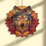 Wolf Autumn Leaves Acrylic Suncatcher, Stained Glass Style Wolf Head with Fall Maple Leaves, Rustic Wildlife Window Hanging Home Decor