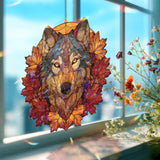 Wolf Autumn Leaves Acrylic Suncatcher, Stained Glass Style Wolf Head with Fall Maple Leaves, Rustic Wildlife Window Hanging Home Decor