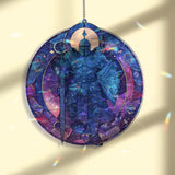 Galaxy Knight Acrylic Suncatcher, Stained Glass Style Warrior with Sword and Shield, Cosmic Fantasy Window Hanging Gothic Home Decor