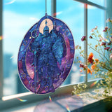 Galaxy Knight Acrylic Suncatcher, Stained Glass Style Warrior with Sword and Shield, Cosmic Fantasy Window Hanging Gothic Home Decor