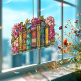 Books and Peonies Acrylic Suncatcher, Stained Glass Style Window Hanging with Colorful Vintage Bookshelf, Literary Home Decor Gift